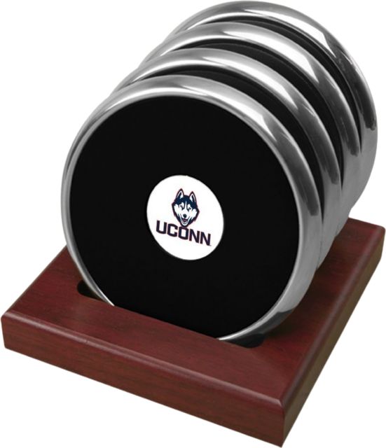 UConn Huskies CSI Set Of 4 Silver Round Coaster Gift Boxed With Colored Medallion