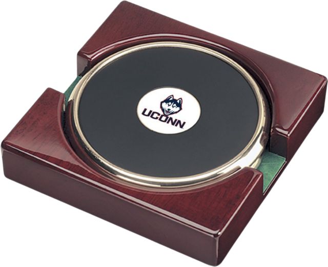 UConn Huskies CSI Set Of 2 Gold Round Coaster Gift Boxed With Colored Medallion