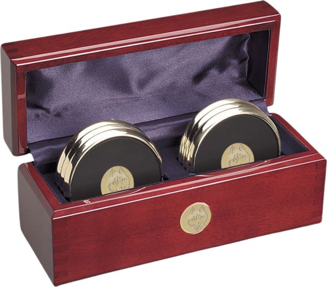 University of Connecticut Set of Six Gold-Tone Round Coasters in Rosewood Box