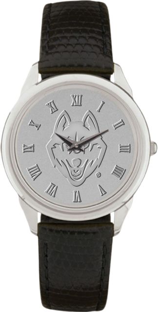 University of Connecticut Men's Silver Wristwatch with Black Leather Band