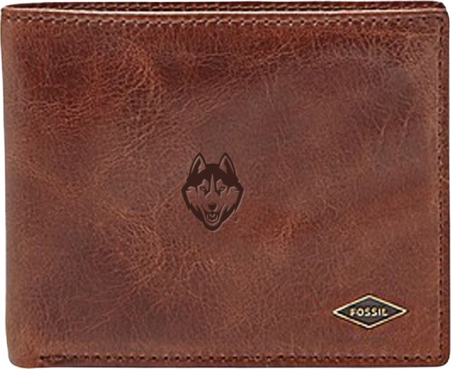 University of Connecticut Fossil Leather Ryan RFID Flip ID Bifold - Dark Brown