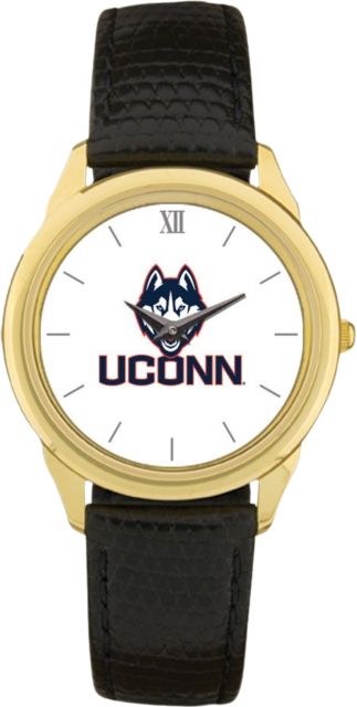 UConn Huskies CSI Men's Black Leather Wristwatch (Gift Boxed) With Colored Medallion