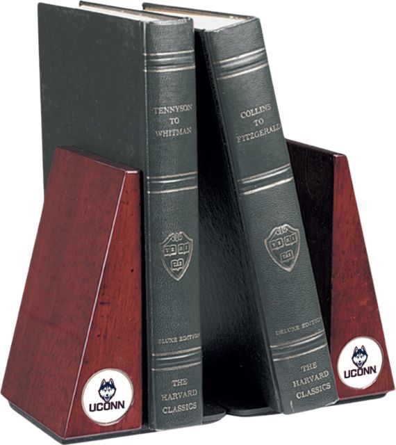 UConn Huskies CSI Rosewood Bookends Gift Boxed With Colored Medallion