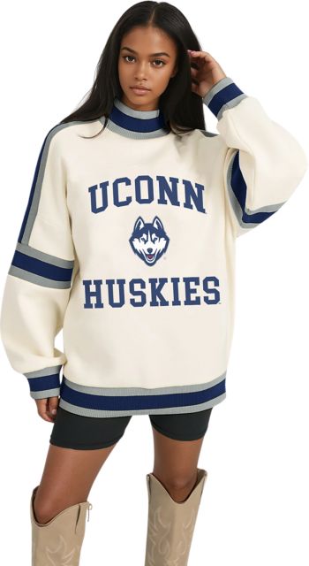UConn Huskies Women's Oversized Turtleneck Pullover with Bold Stretch-Knit Striped Detail