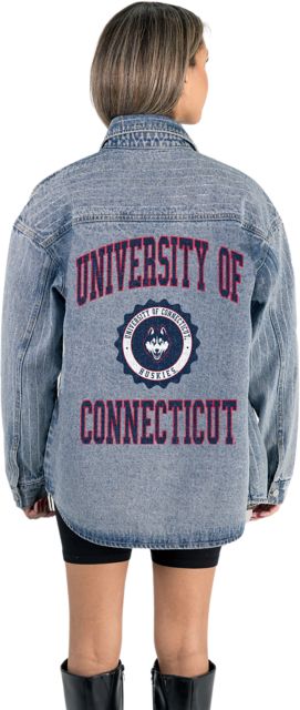 UConn Huskies Women's Micro-Rhinestone Stripe Washed Denim Overshirt with Button-Down Front