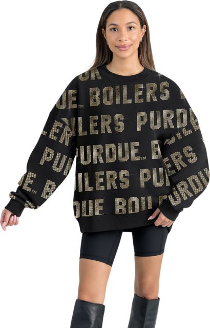 Purdue Boilermakers Women's All-Over Pixelated Rhinestone Text Drop Shoulder Crewneck Pullover