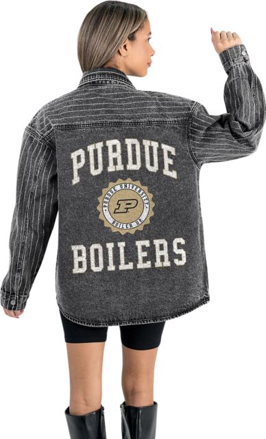 Purdue Boilermakers Women's Micro-Rhinestone Stripe Washed Denim Overshirt with Button-Down Front