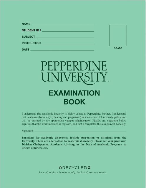 Pepperdine University 8.5 x 7 Green Book