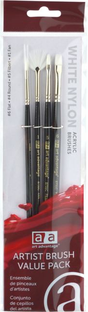 Art Advantage Number 4 Round and Number 5, Number 6 Flat and Number 1 Fan White Nylon Acrylic Brush 4-Piece Set