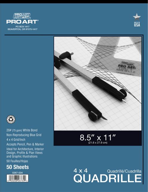 Pro Art 8.5x11-pounds 4x4 Grid Quadrille Paper Tape Bound Pad 50/Sheets