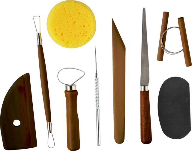 Pro Art Stained Wood Handle Pottery Tool Kit with Fettling Knife 9-Piece Set