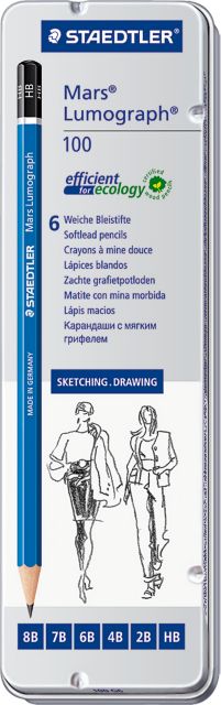 Lumograph Pencil Set 6 Degrees Includes One Of Each 8B, 7B, 6B, 4B, 2B And Hb