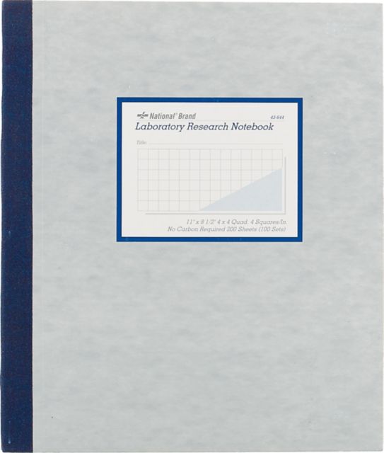 National® Laboratory Notebook, Carbonless, 4 x 4 Quad Ruling, Rigid Gray Cover, 11'' x 8 1/2'', 100 Numbered Sets