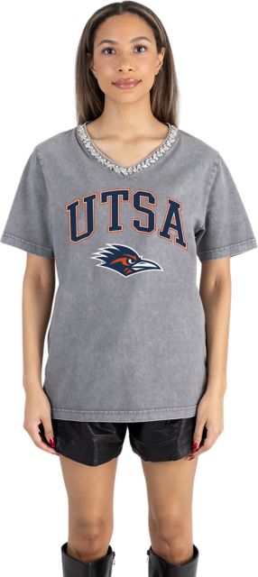 University of Texas San Antonio Women's Garment-Washed Relaxed Fit Tee with Jeweled Rhinestone V-Neck