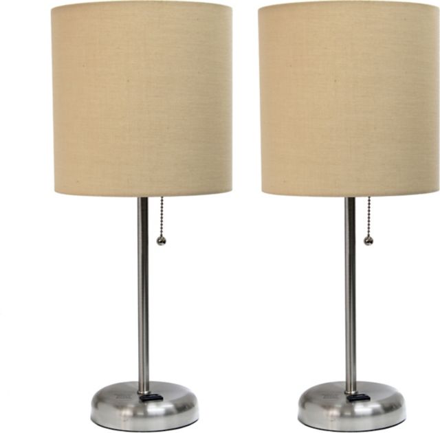 Creekwood Home 19.5 Oslo Contemporary Bedside Duo, Brushed Steel Table Lamp Two Pack Set with Power Outlet Shades