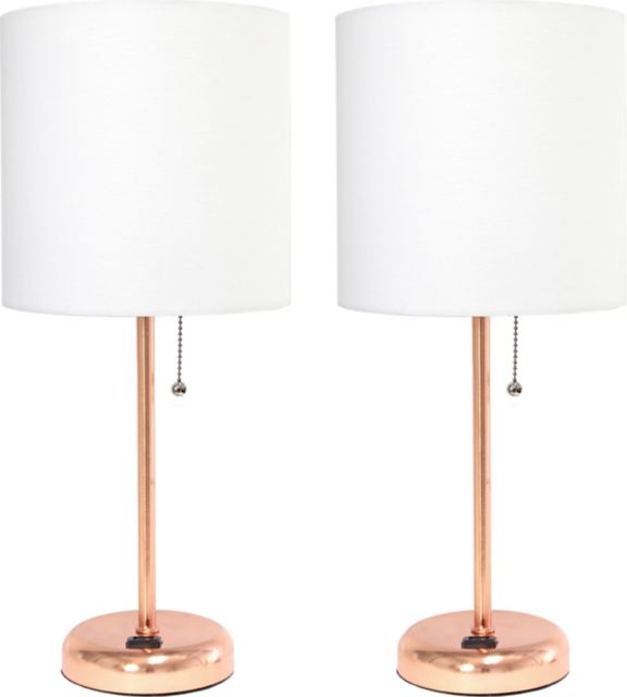 Creekwood Home 19.5 Oslo Contemporary Bedside Duo, Rose Gold Table Lamp Two Pack Set with Power Outlet , Shades
