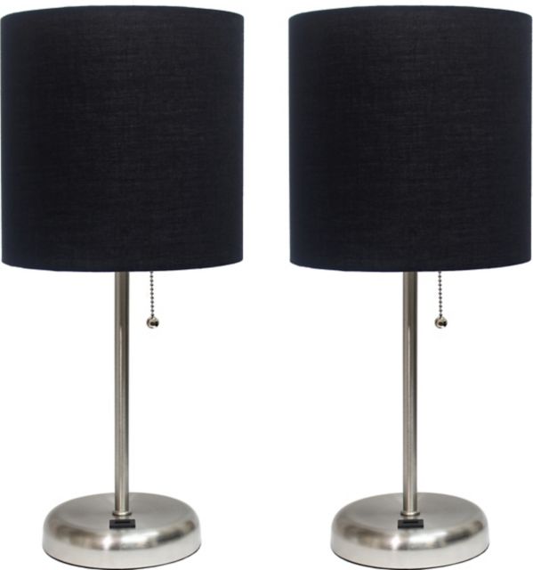 Creekwood Home 19.5 Oslo Contemporary Bedside Duo, Brushed Steel Table Lamp Two Pack Set with USB Port Shades