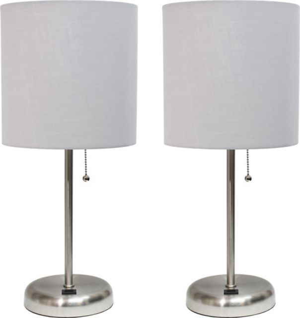 Creekwood Home 19.5 Oslo Contemporary Bedside Duo, Brushed Steel Table Lamp Two Pack Set with USB Port Shades