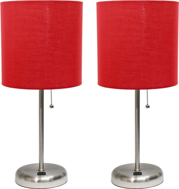 Creekwood Home 19.5 Oslo Contemporary Bedside Duo, Brushed Steel Table Lamp Two Pack Set with USB Port Shades