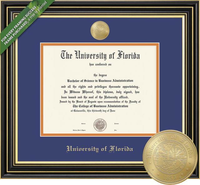 Framing Success 12 x 16 Diploma with Blue and Orange double mat and Gold-minted Medallion - ONLINE ONLY