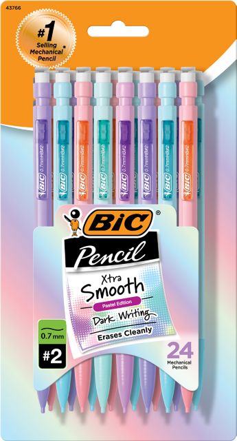 BIC Xtra-Smooth Pastel Mechanical Pencils with Erasers  0.7mm Medium Point  24 Count Pack